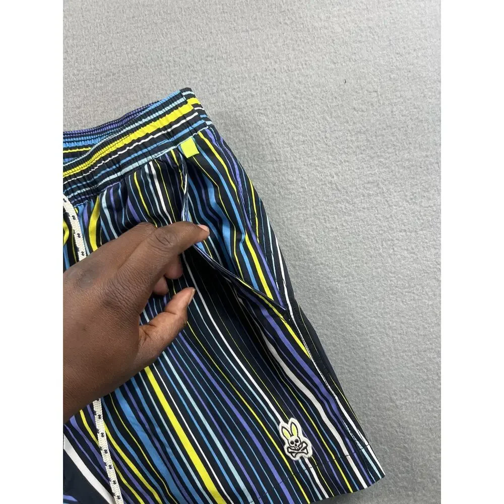 Psycho Bunny Swim Trunks Men's Medium Striped Multicolor Beach Drawstring Shorts